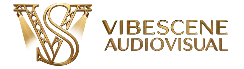 Logo de Vibescene en 3D dorado y disposición horizontal.