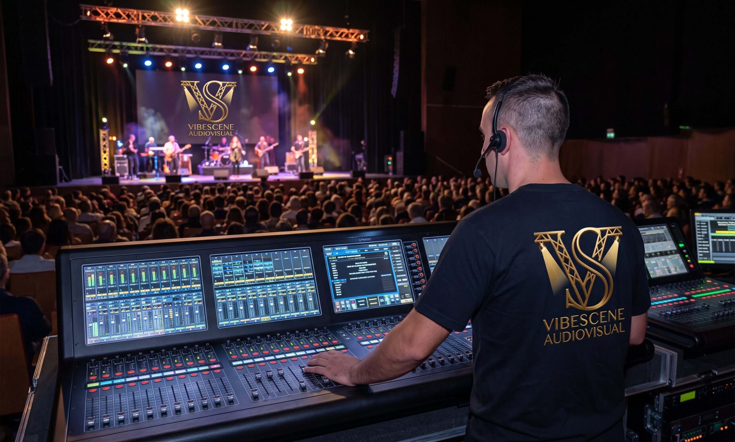 Técnico de sonido e iluminación de Vibescene operando una mesa de control digital durante la producción técnica de un concierto en directo.